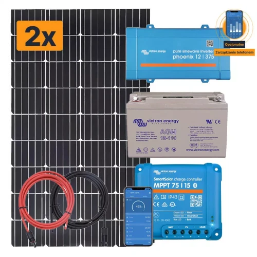 Zestaw solarny na łódź 300W z regulatorem MPPT. Akumulator 110Ah. Przetwornica napięcia 230V/300W